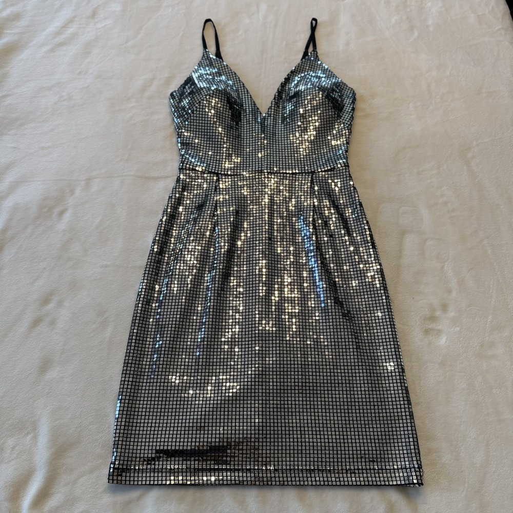 Dear Moon Women's Silver Sequin Mini Dress Size 1 Party Cocktail NWT